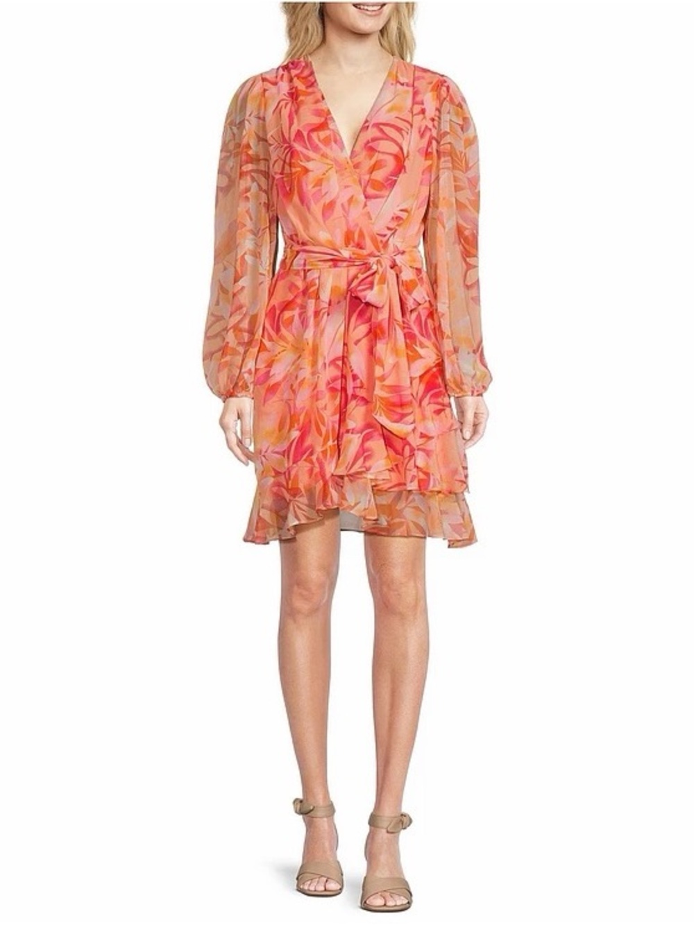 Alex Marie Long Sleeve V-Neck Pink and Orange Ruffle Hem Tie Waist Dress Size 12 - Picture 5 of 5